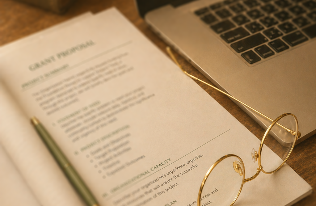 Grant writing documents, glasses and pen on a desk